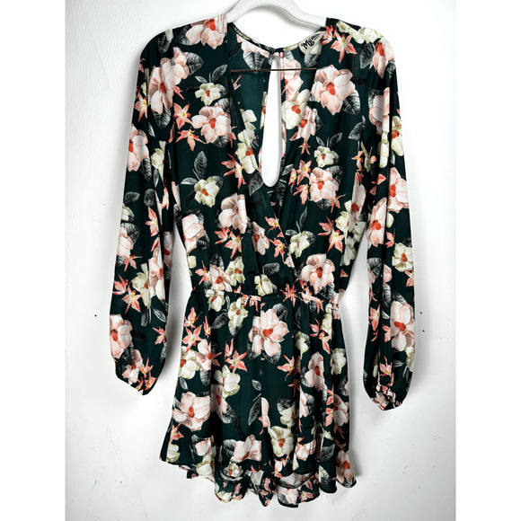 Show Me Your Mumu Bohemian Romantic Blue Sheer Floral Long Sleeve Short Romper - Picture 3 of 11